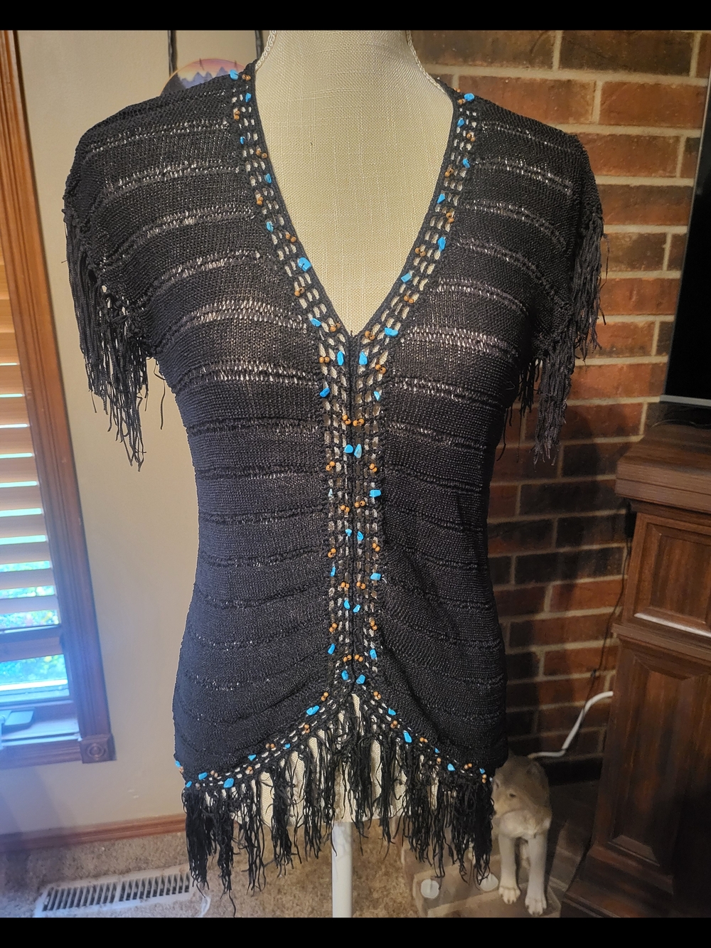Carbucci Black Knit Fringe Tunic with Turquoise Bead Trim